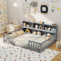 Full Size Montessori Floor Bed with Bookcase, Storage Shelves & Safety Fence Rails, Solid Wood Bed Frame for Kids, No Box Spring Needed