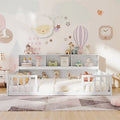 Full Size Montessori Floor Bed with Bookcase, Storage Shelves & Safety Fence Rails, Solid Wood Bed Frame for Kids, No Box Spring Needed