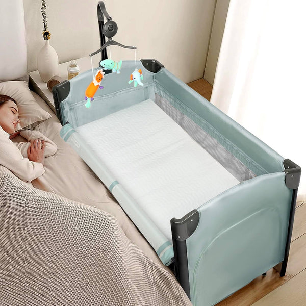 JOYMOR Folding Bedside Sleeper Baby Bassinets, Portable Crib with Wheel for Shower Gift, for Age 0-24 Months, Light Green
